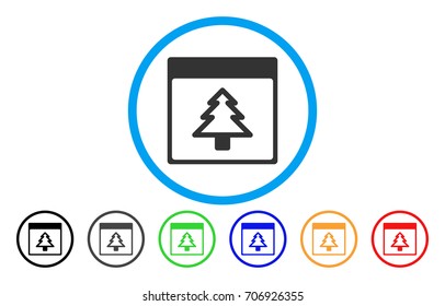 Fir Tree Calendar Page vector rounded icon. Image style is a flat gray icon symbol inside a blue circle. Bonus color variants are grey, black, blue, green, red, orange.