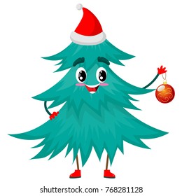 Fir Tree Character with Christmas Ball, Merry Xmas and Happy New Year, Cartoon Personage Hand Drawn Vector Illustration EPS10