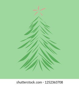 Fir tree. Christmas tree with star on the top. green background. Winter Merry Christmas card. Flat illustration.