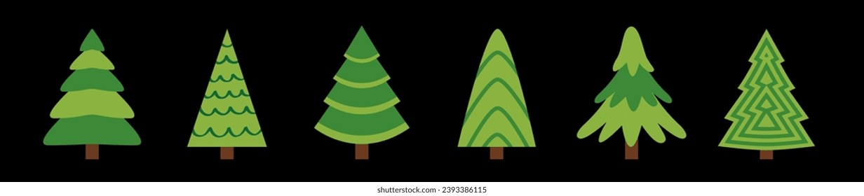 Baumsammlung. Weihnachtsbaumgestelle Grüne Pinienbäume Vorlage für Grußkarte, Banner, Web. Unterschiedliche Form. Winterzeichen für Neujahr. Flaches Design. Schwarzer Hintergrund. Vektorgrafik