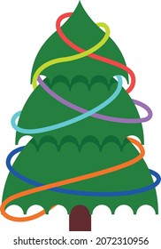 Fir tree in colorful ribbons. Christmas traditional decoration