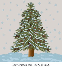 Tannenbaum, Steine auf dem Baum, Schnee, fallender Schnee, Vektorgrafik