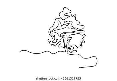 Fir tree in continuous line art drawing style Spruce black linear design isolated on white