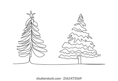 Fir tree in continuous line art drawing style Spruce black linear design isolated on white illustration