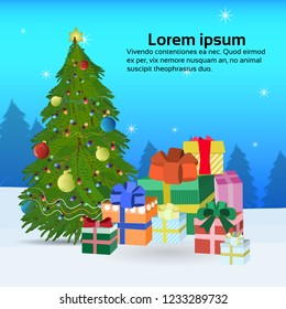 fir tree decorated colorful balls gift boxes happy new year merry christmas concept flat forest landscape background copy space vector illustration