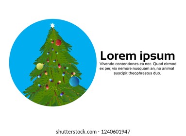 fir tree decorated colorful balls happy new year merry christmas concept flat copy space horizontal