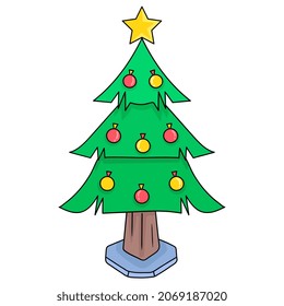 árbol de abetos adornado con puntillas para dar la bienvenida a la Navidad y al año nuevo, emoticono de dibujos animados. dibujo de icono de doodle, ilustración vectorial