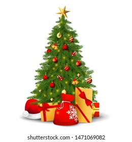 Fir tree with decorations, presents and Santa hat vector illustration. Bright New Year greeting card. Christmas concept. Vector illustration can be used for topics like holiday, season, celebration