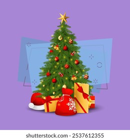Fir tree with decorations, presents and Santa hat vector illustration. Bright New Year greeting card. Christmas concept. Vector illustration can be used for topics like holiday, season, celebration