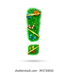 Fir tree decorative exclamation sign. Christmas and New Year holiday symbol. Vector element.