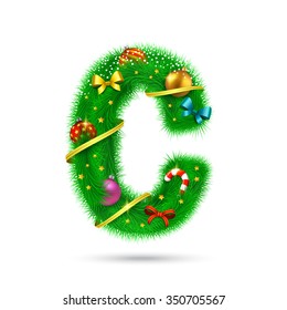 Fir tree decorative letter. Christmas and New Year holiday alphabet symbol. Vector element.