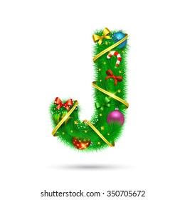Fir tree decorative letter. Christmas and New Year holiday alphabet symbol. Vector element.