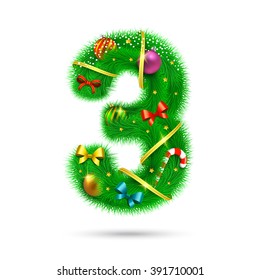 Fir tree decorative number. Christmas and New Year holiday symbol. Vector element.