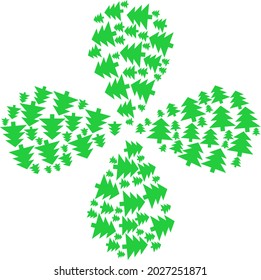 Fir tree explosion flower with four petals. Object flower with 4 petals composed from oriented fir tree symbols. Vector flower collage in flat style.