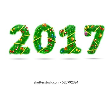 Fir tree font 2017 number. Christmas and New Year holiday design elements.