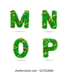 Fir tree font letters. Christmas and New Year holiday design elements.