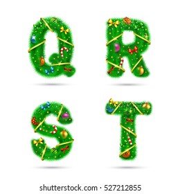 Fir tree font letters. Christmas and New Year holiday design elements.