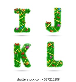 Fir tree font letters. Christmas and New Year holiday design elements.