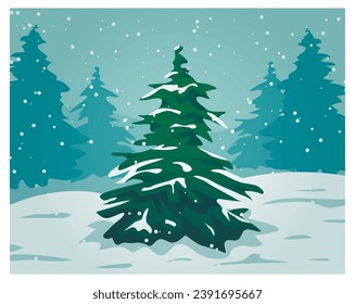 Fir tree in the forest. Fir and pine trees silhouettes. Simple winter landscape.