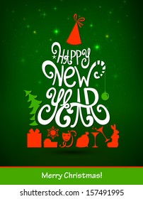 Fir tree forming from letters. Happy New Year party.