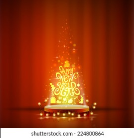 Fir tree forming from letters on the scene. Happy New Year. 