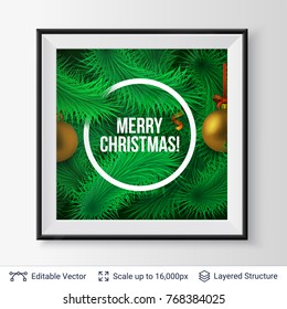 Fir tree frame composition. Christmas and New Year greeting card template. Editable vector background.