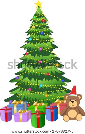 Fir tree and gift boxes. Christmas tree, isolated. Holiday icon PNG. Vector design.
