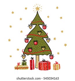 Fir tree and gift boxes isolated On White Background Vector object 2020
