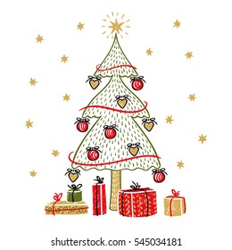 Fir tree and gift boxes on a winter Christmas background Vector object 2020