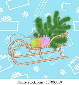 fir tree and gifts in a sled on a blue background of the gifts