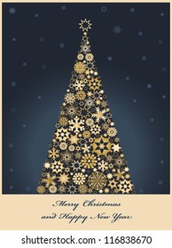 Fir tree from golden snowflakes. Christmas decorations. Vector