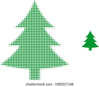 Fir tree halftone gepunktete Symbol-Illustration. Halftone Muster enthält Kreis-Pixel. Vektorgrafik von Tannenbaum-Symbol auf weißem Hintergrund. Flache Abstraktion für Tannenbaumsymbol.