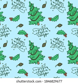 Fir tree and holly on green backdrop. Christmas seamless pattern for wallpaper, wrap paper, sleeper, bath tile, apparel or bed linen. Phone case or cloth print. Doodle style stock vector illustration