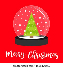Fir tree icon. Crystal ball with snow. Merry Christmas Greeting card. Flat design. Red background. Isolated. Vector illustration