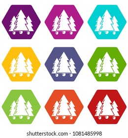 Fir tree icons 9 set coloful isolated on white for web