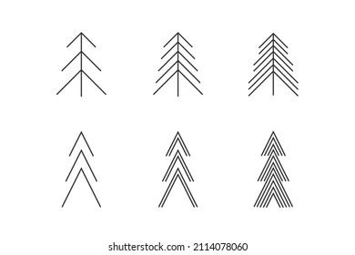 Fir tree icons. Set of 6 geometric shape. Modern linear design sign.  Modern abstract linear shape and new year's traditional decor elements.  