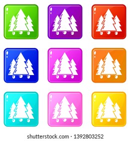 Fir tree icons set 9 color collection isolated on white for any design