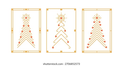 Fir tree illustration with frame. Modern abstract linear shape and new year's traditional decor elements.  