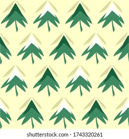 Fir Tree Illustration Seamless Pattern Background Wallpaper. Combination colors of green, white and yellow. Plant Pattern for Textile, fabric, paper, print, interior, decor and more.