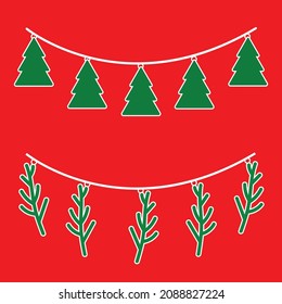 Fir Tree And Leaf Shaped Bunting Party Flags Carnival Garland. Christmas Hanged Ornament Decoration Illustration.