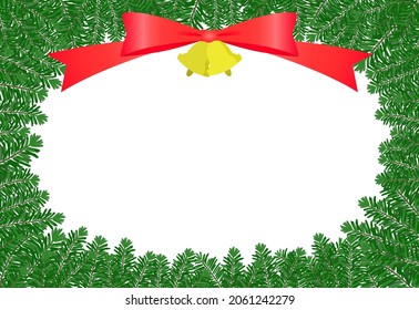 Fir tree leaves, red ribbon, bell frame. 
 Vector illustration.