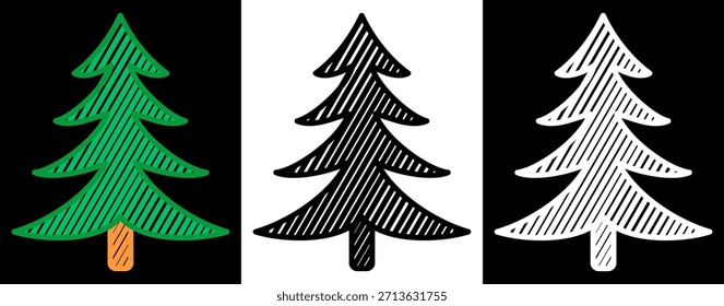 Tannenbaumlinien-Kunstsatz im Skizzenstil für Umrisse. Handgezeichnete Doodle-Bäume in schwarz-weiß und bunt gefüllten Variationen. Vektorisolierte Sammlung.