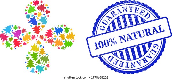 Fir tree multi colored exploding flower cluster, and blue round GUARANTEED 100 percent NATURAL rough watermark. Element cluster designed from random fir tree items. Vector flower collage in flat style