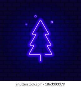 Fir tree neon sign. Christmas party advertisement design. Vector illustration in neon style. Vector illustration isolated on brick wall background.