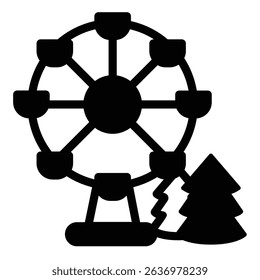 Fir tree and observation wheel solid icon, eco tourism concept. Vector graphics. Amusement park ride, high rise view sign on white background, style mobile or design