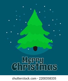 Fir tree on blue background and text Merry Christmas. Christmas scene for postcard in cartoon flat style.