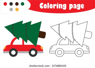 Fir tree on car in cartoon style, christmas coloring page, education paper game for the development of children, kids preschool activity, printable worksheet, vector illustration