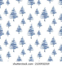 Fir tree pattern. Engraved vector illustration blue and blue trees spruce forest, watercolor drawing hand illustration in white background.