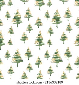 Fir tree pattern. Engraved vector illustration yellow and green trees spruce forest, watercolor drawing hand illustration in white background.