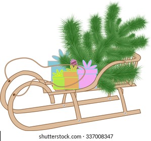 fir tree and presents on a sled on a white background